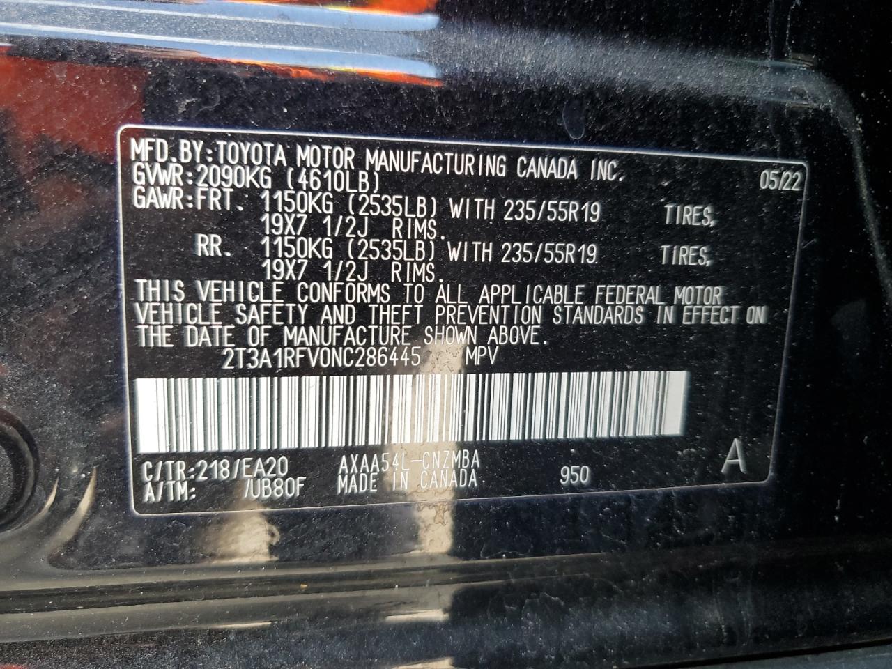 2022 TOYOTA RAV4 XLE PREMIUM VIN:2T3A1RFV0NC286445