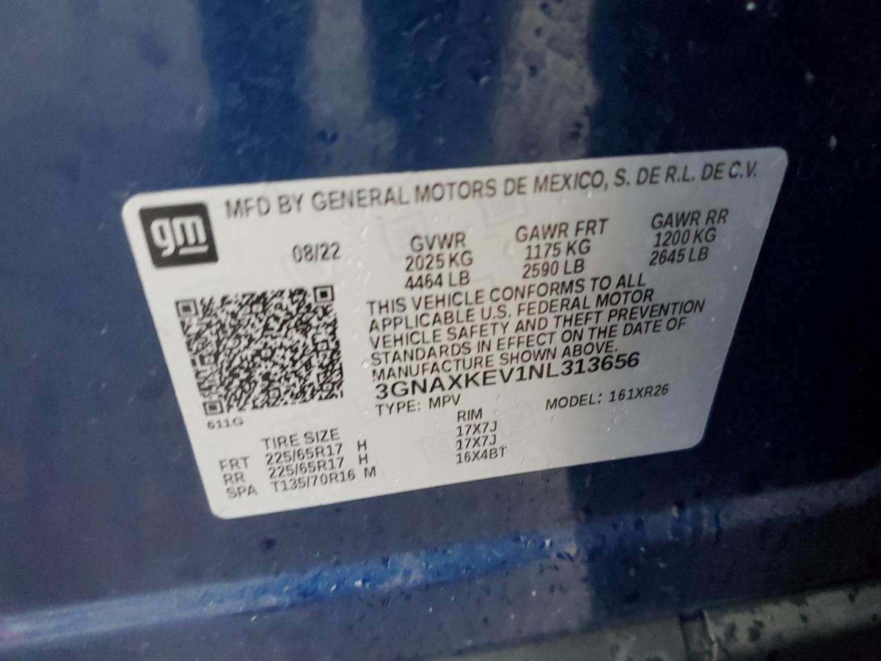 2022 CHEVROLET EQUINOX LT VIN:3GNAXKEV1NL313656