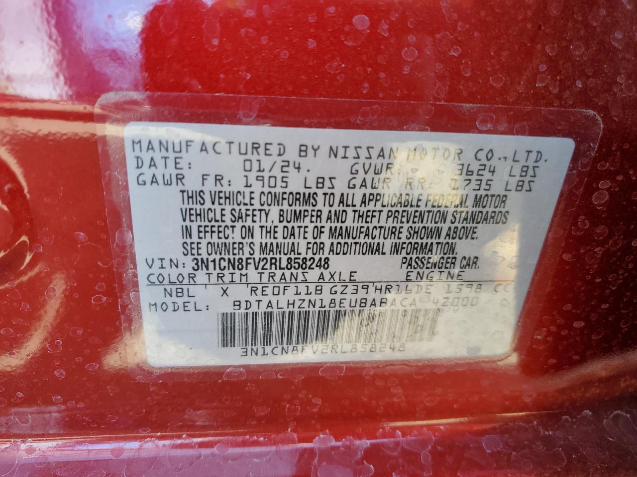 2024 NISSAN VERSA SR VIN:3N1CN8FV2RL858248