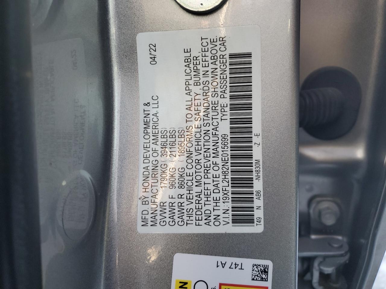 2022 HONDA CIVIC SPORT VIN:19XFL2H82NE015699