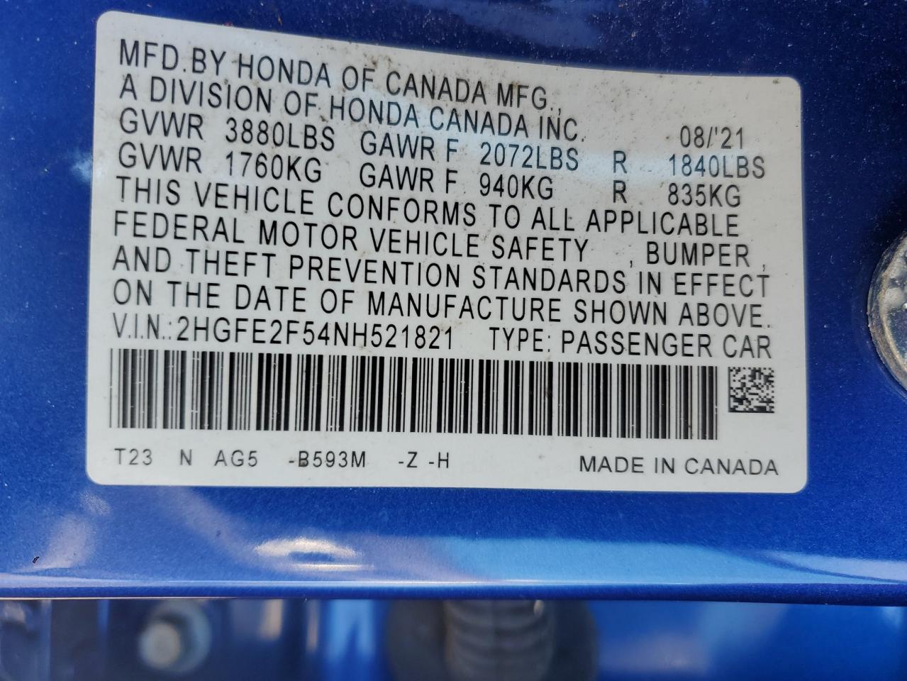 2022 HONDA CIVIC SPORT VIN:2HGFE2F54NH521821