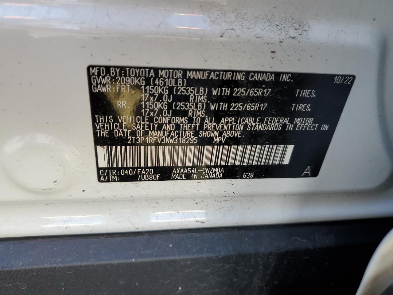 2022 TOYOTA RAV4 XLE VIN:2T3P1RFV3NW318295