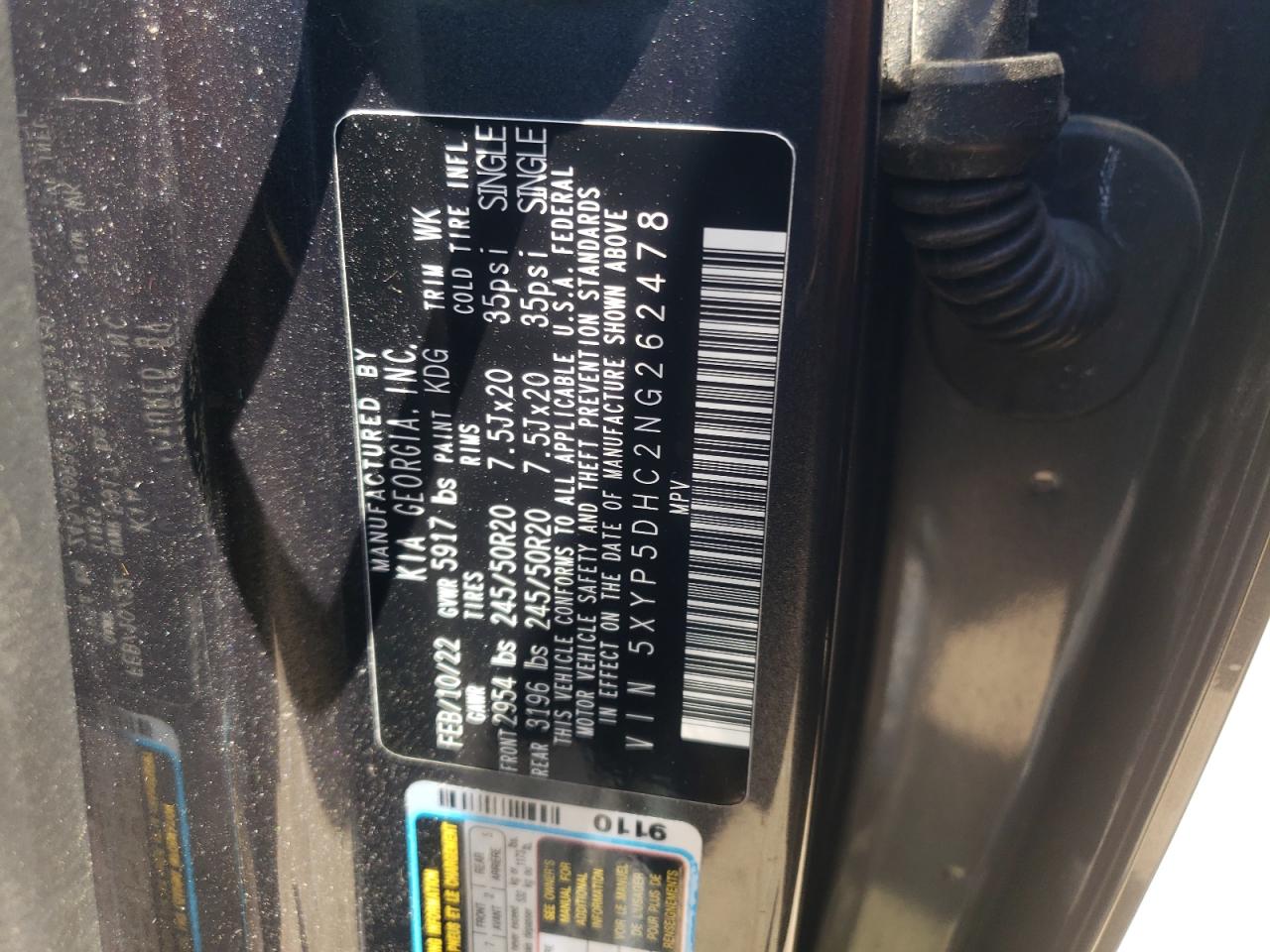 2022 KIA TELLURIDE SX VIN:5XYP5DHC2NG262478