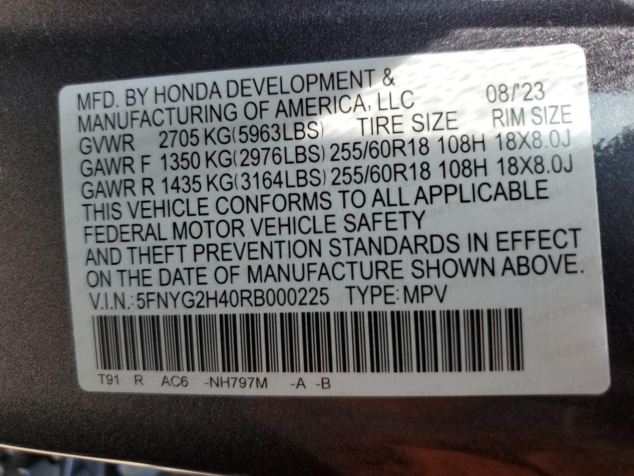 2024 HONDA PILOT EXL VIN:5FNYG2H40RB000225