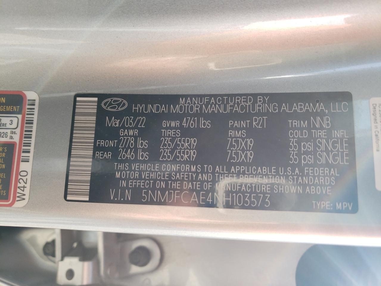 2022 HYUNDAI TUCSON SEL VIN:5NMJFCAE4NH103573