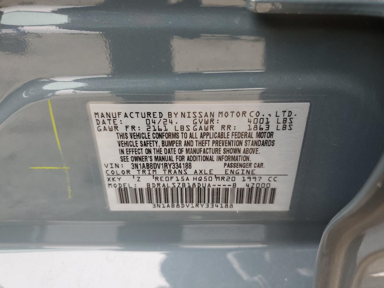 2024 NISSAN SENTRA SR VIN:3N1AB8DV1RY334188