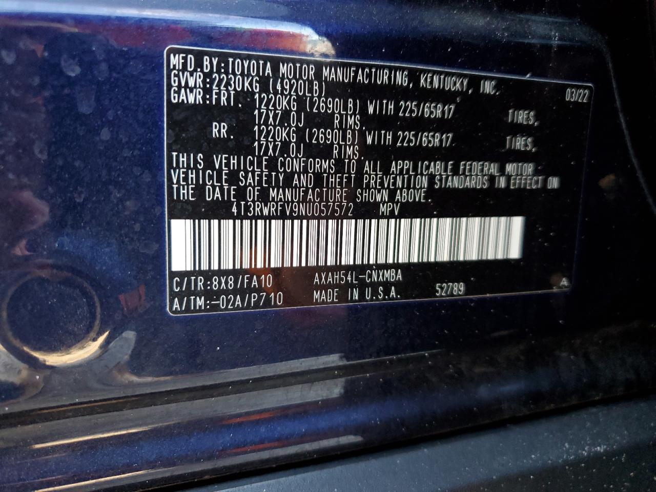 2022 TOYOTA RAV4 XLE VIN:4T3RWRFV9NU057572