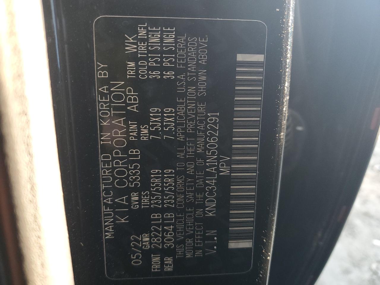 2022 KIA EV6 LIGHT VIN:KNDC34LA1N5062291