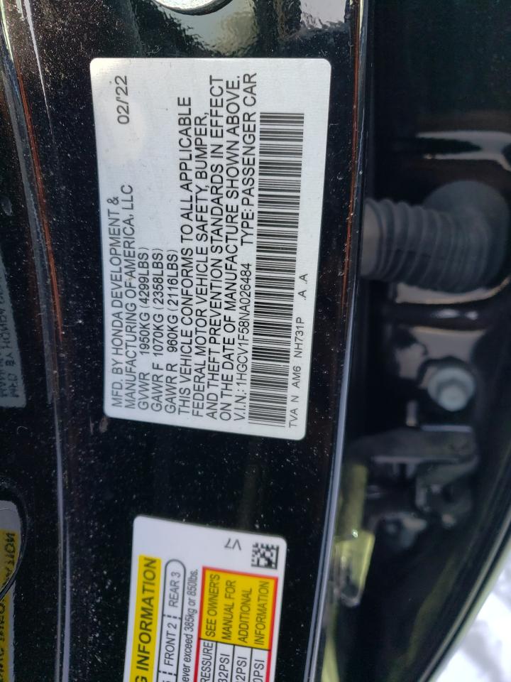 2022 HONDA ACCORD EXL VIN:1FTNE2EL4BDA70845