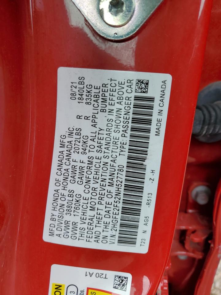 2022 HONDA CIVIC SPORT VIN:2HGFE2F52NH527780