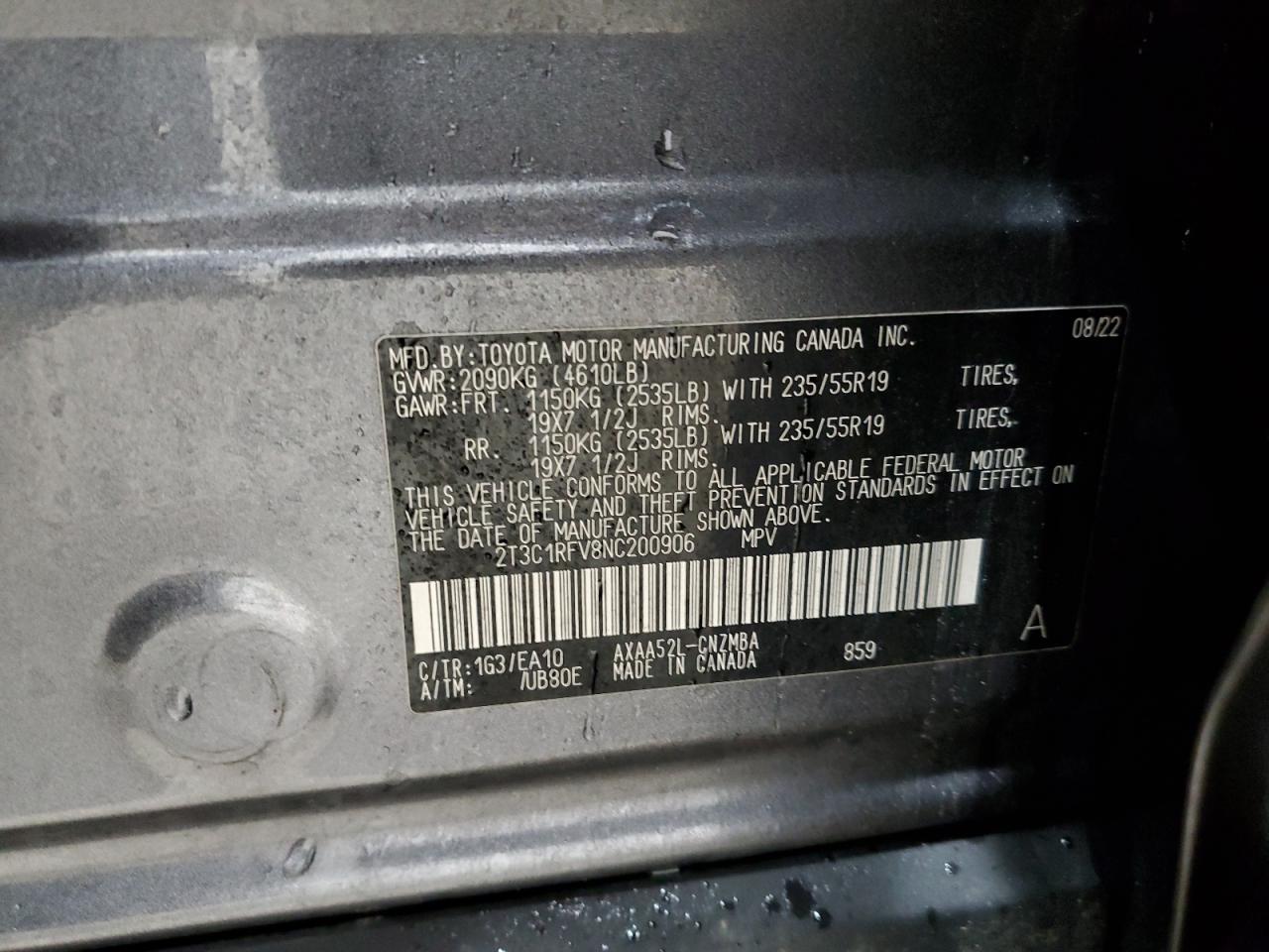 2022 TOYOTA RAV4 XLE PREMIUM VIN:2T3C1RFV8NC200906