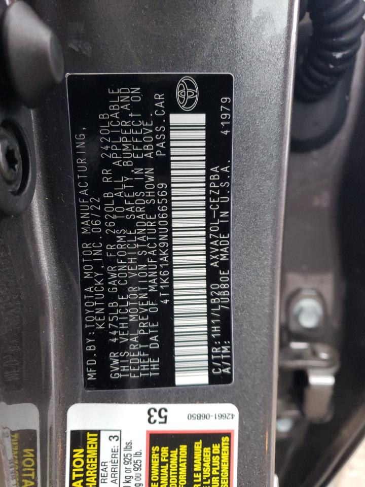 2022 TOYOTA CAMRY XSE VIN:4T1K61AK9NU066569