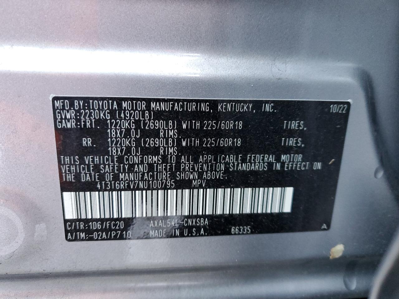 2022 TOYOTA RAV4 SE VIN:4T3T6RFV7NU100795