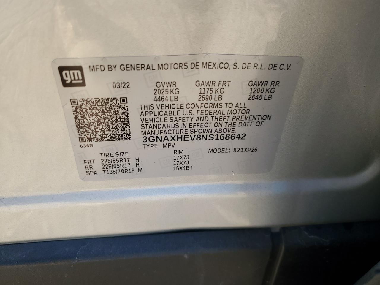 2022 CHEVROLET EQUINOX LS VIN:3GNAXHEV8NS168642