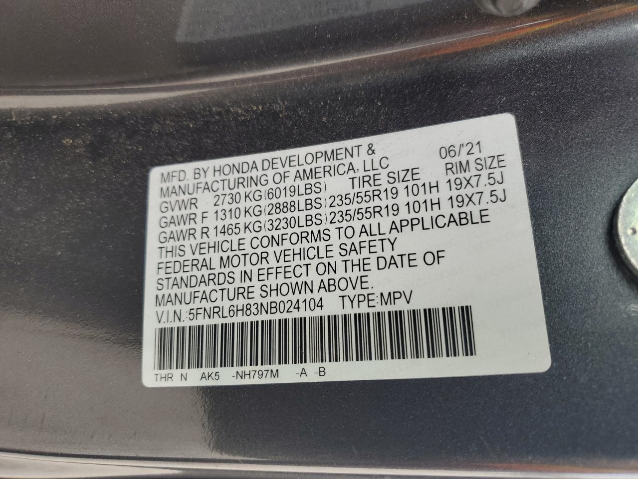 2022 HONDA ODYSSEY TOURING VIN:5FNRL6H83NB024104