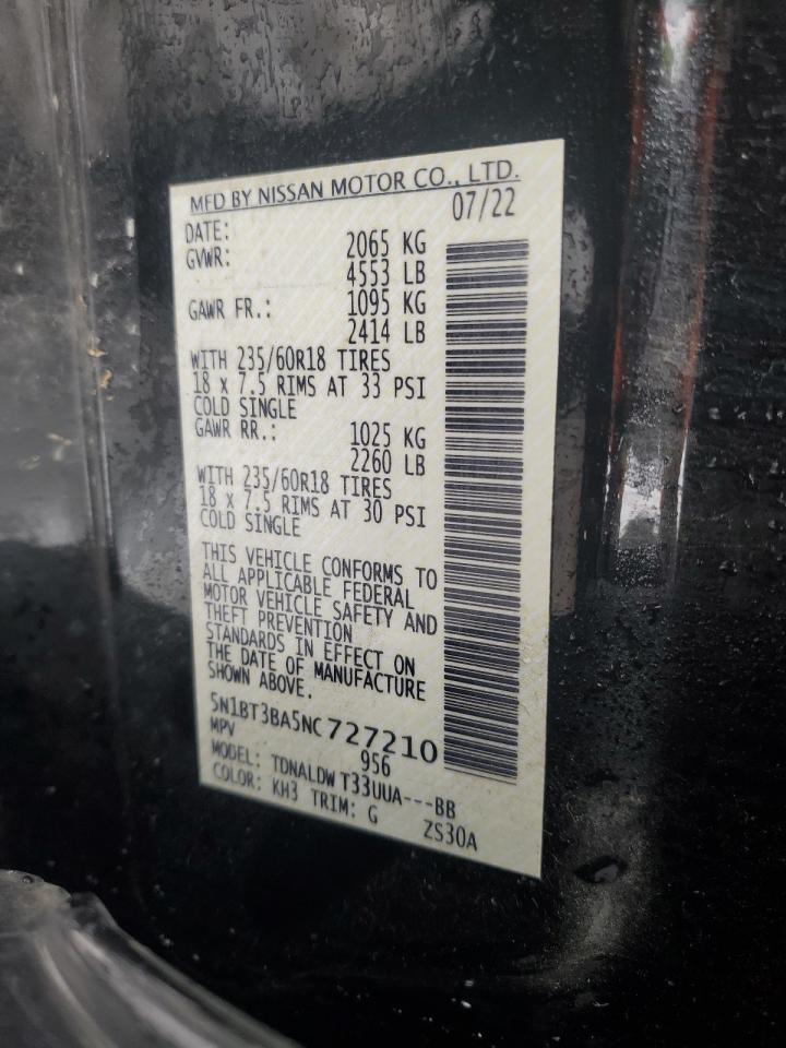 2022 NISSAN ROGUE SV VIN:5N1BT3BA5NC727210