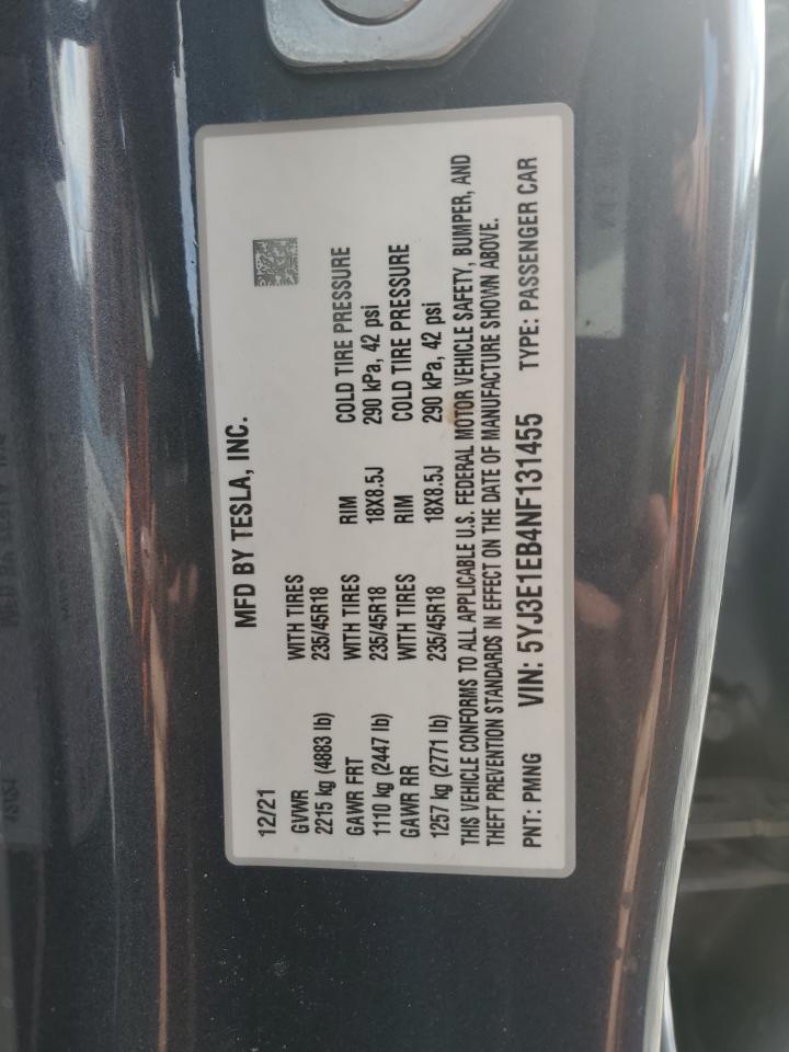 2022 TESLA MODEL 3  VIN:5YJ3E1EB4NF131455