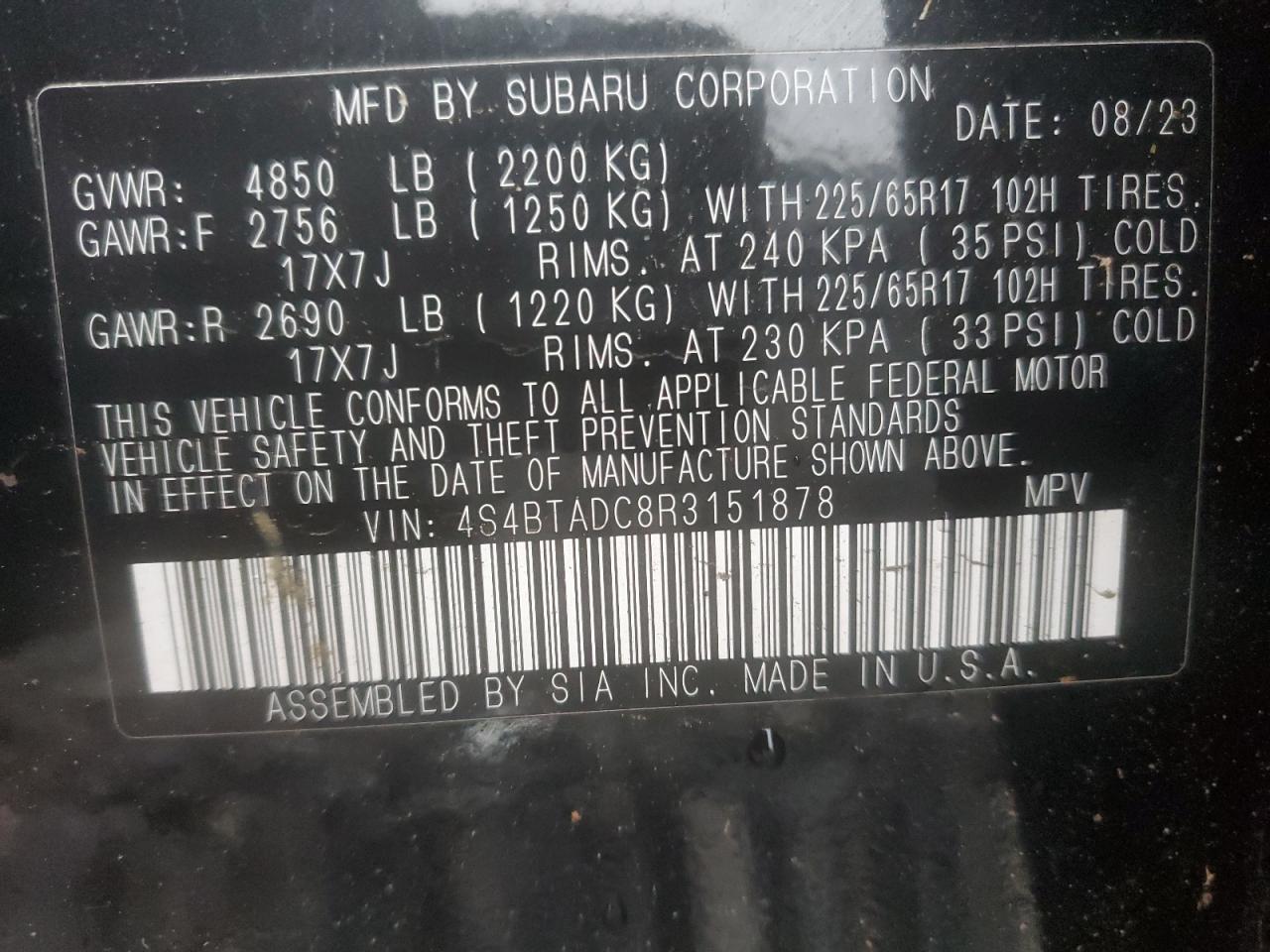 2024 SUBARU OUTBACK PREMIUM VIN:4S4BTADC8R3151878