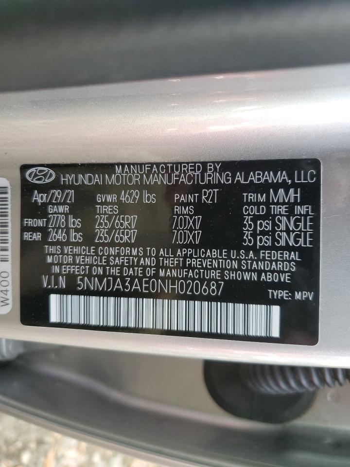 2022 HYUNDAI TUCSON SE VIN:5NMJA3AE0NH020687