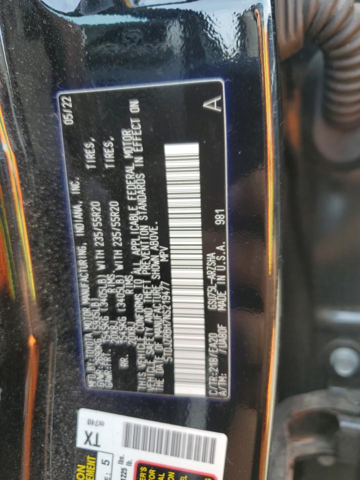 2022 TOYOTA HIGHLANDER XSE VIN:5TDJZRBH7NS219477