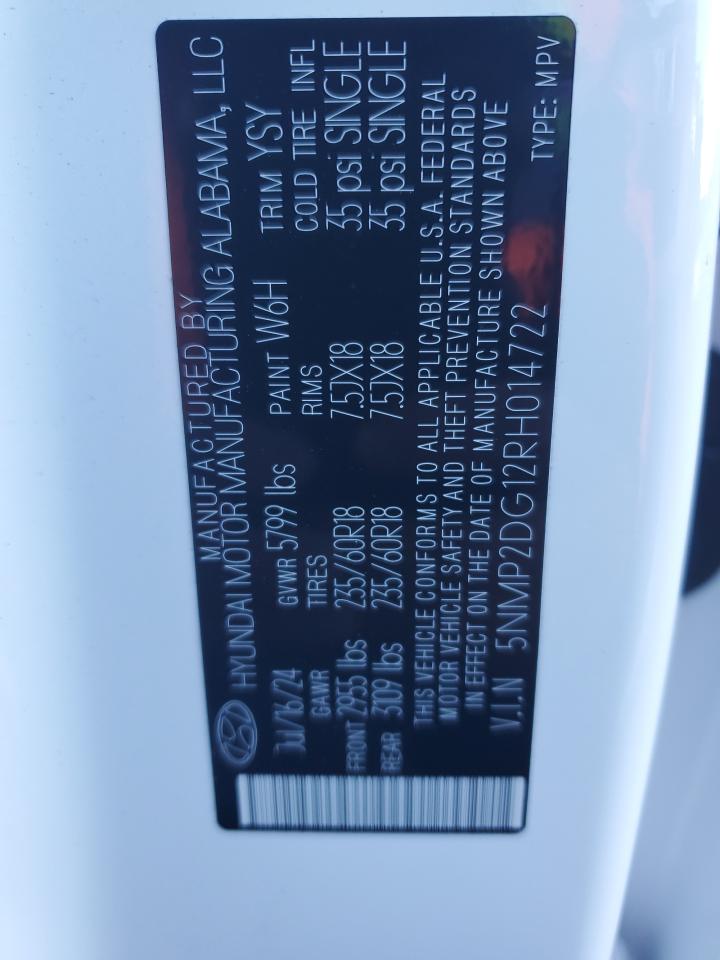 2024 HYUNDAI SANTA FE SEL VIN:5NMP2DG12RH014722