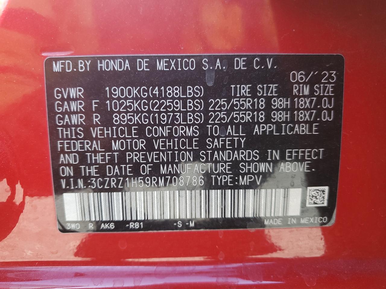 2024 HONDA HR-V SPORT VIN:3CZRZ1H59RM708786