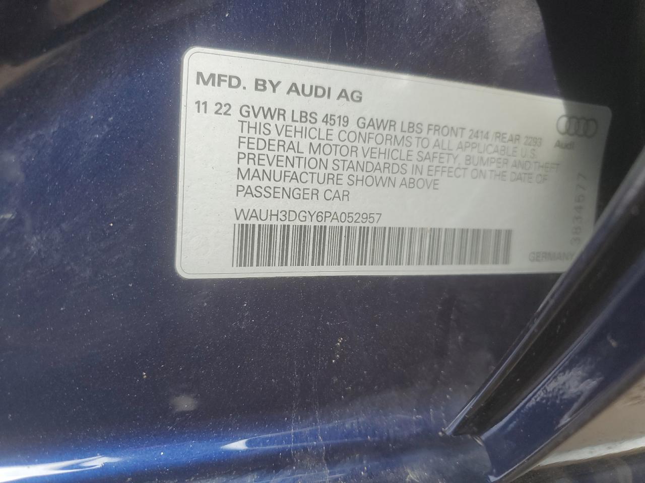 2023 AUDI S3 PREMIUM PLUS VIN:WAUH3DGY6PA052957