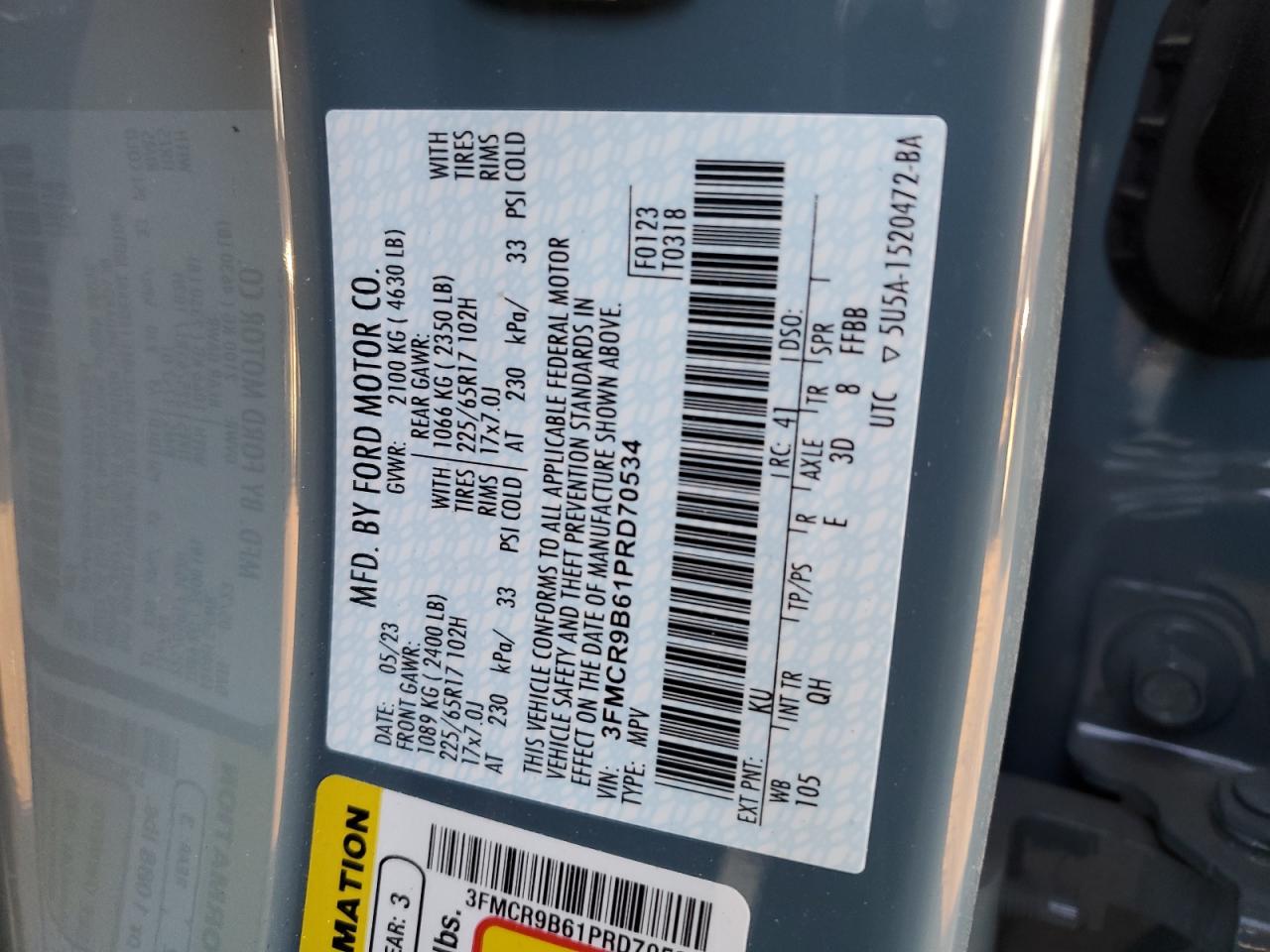 2023 FORD BRONCO SPORT BIG BEND VIN:3FMCR9B61PRD70534