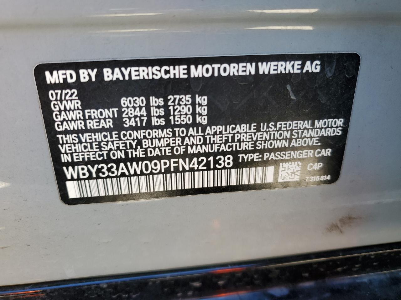 2023 BMW I4 M50 VIN:WBY33AW09PFN42138