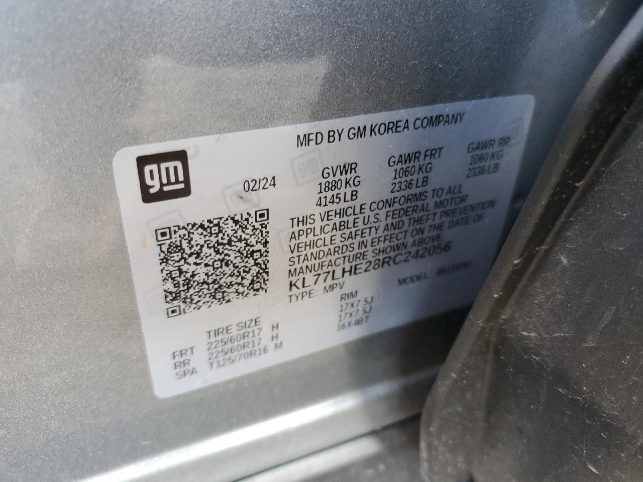 2024 CHEVROLET TRAX 1LT VIN:KL77LHE28RC242056