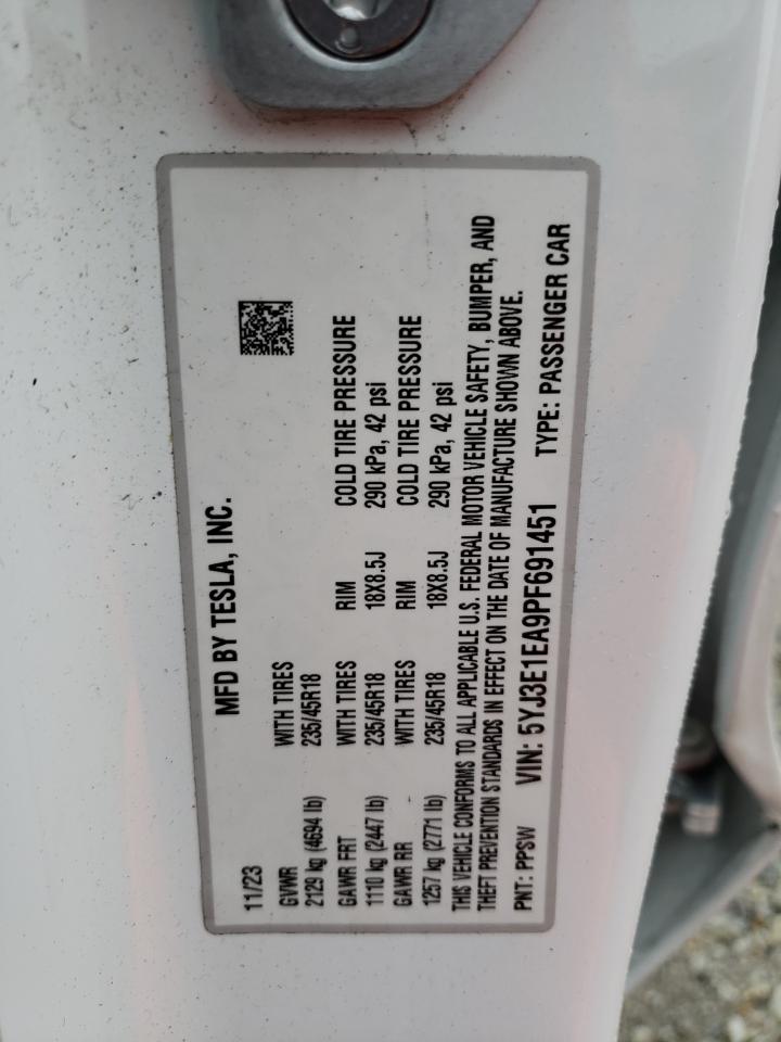 2023 TESLA MODEL 3  VIN:5YJ3E1EA9PF691451
