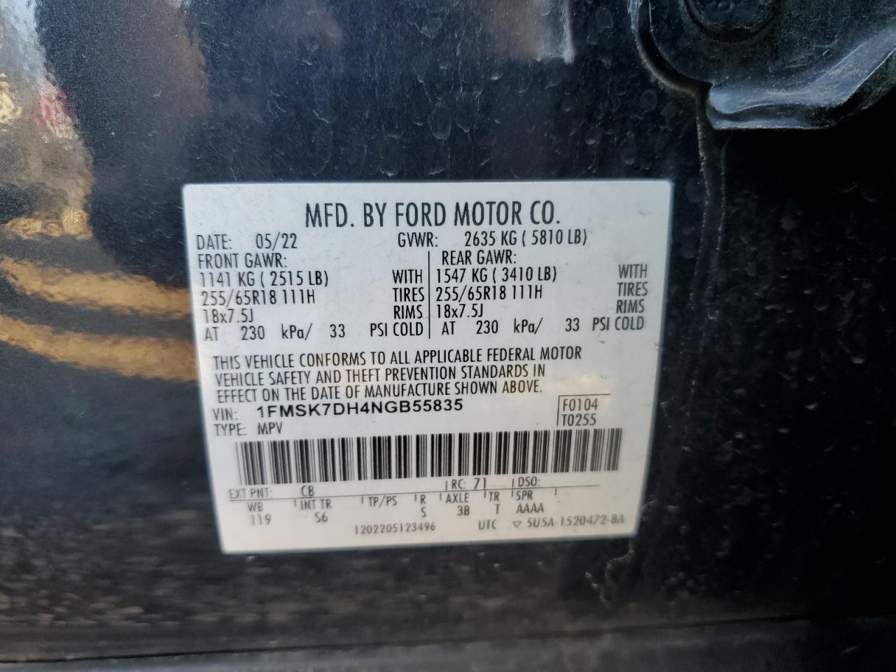 2022 FORD EXPLORER XLT VIN:1FMSK7DH4NGB55835