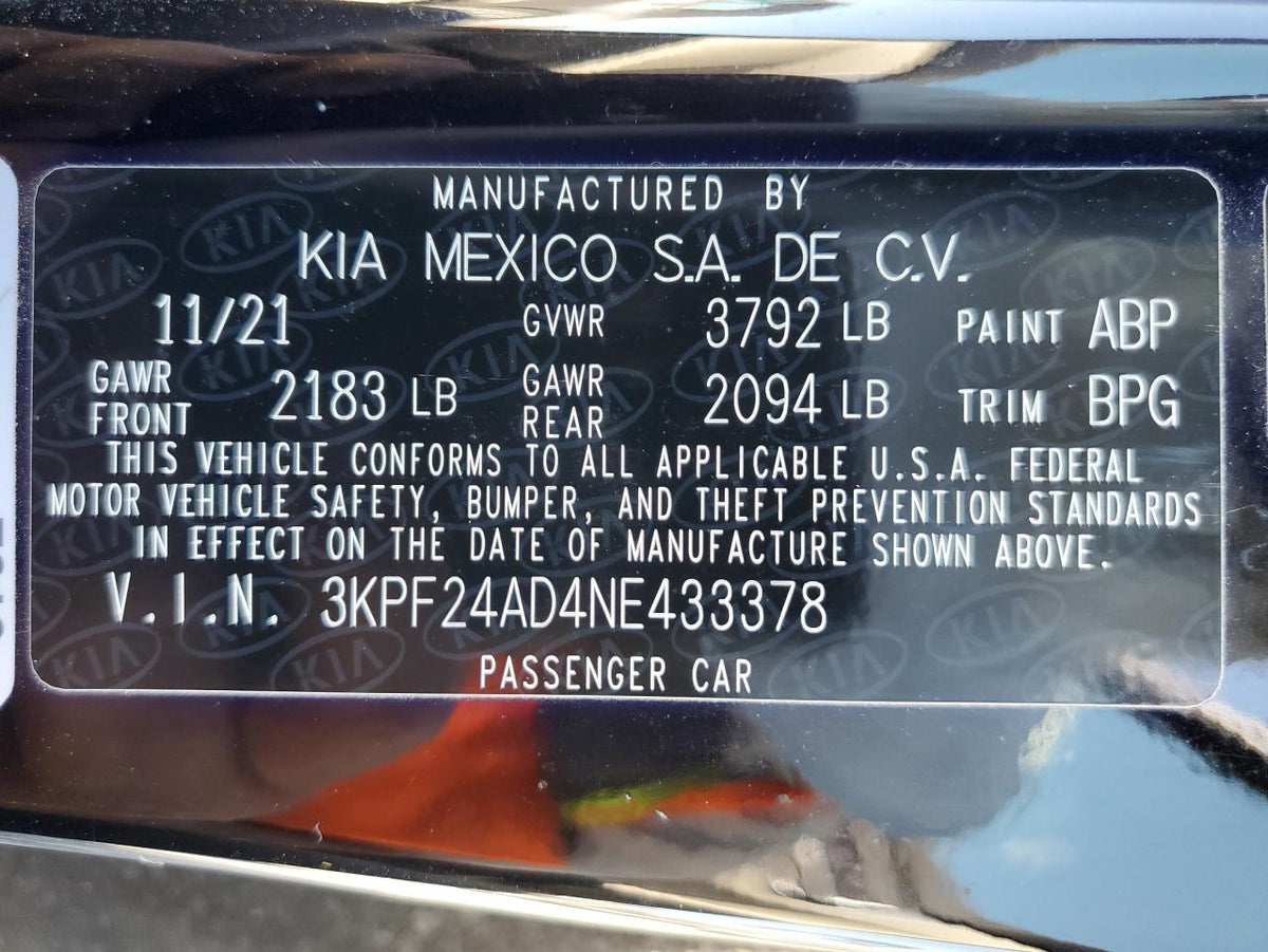 2022 KIA FORTE FE VIN:3KPF24AD4NE433378