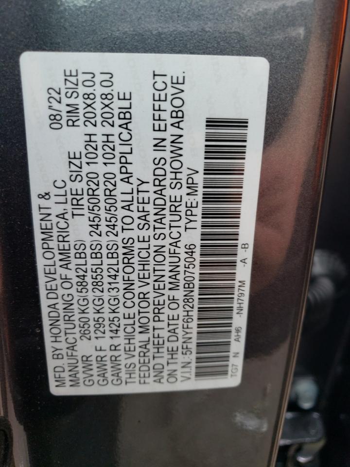 2022 HONDA PILOT SE VIN:5FNYF6H28NB075046