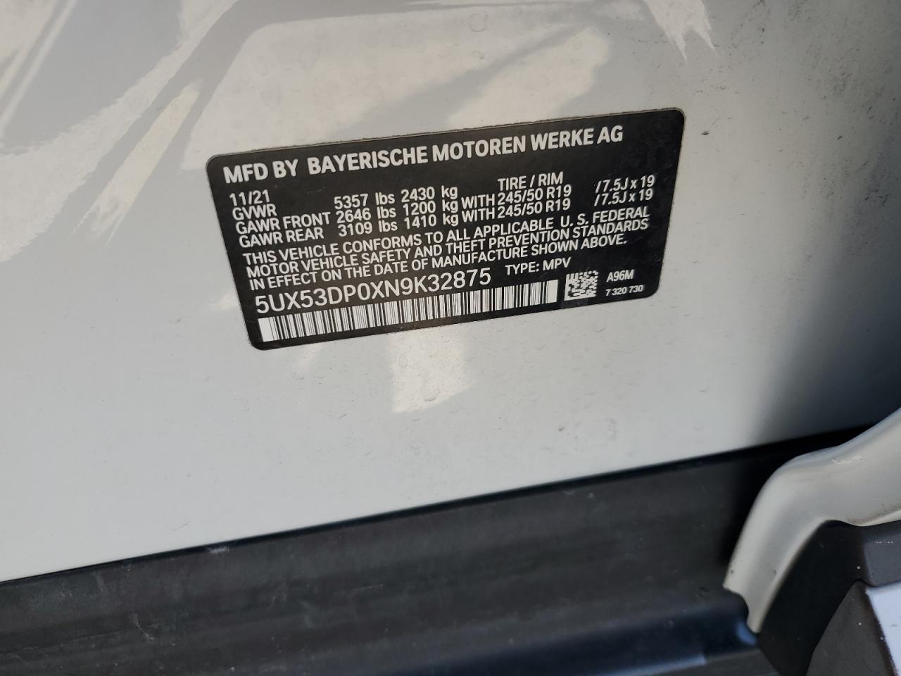 2022 BMW X3 XDRIVE30I VIN:5UX53DP0XN9K32875