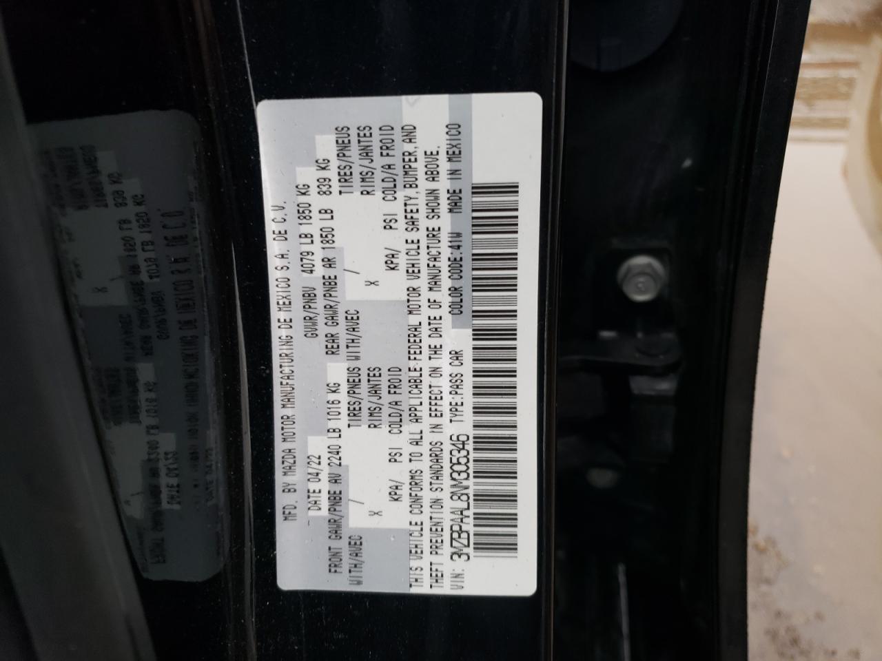 2022 MAZDA 3  VIN:3MZBPAAL8NM305346