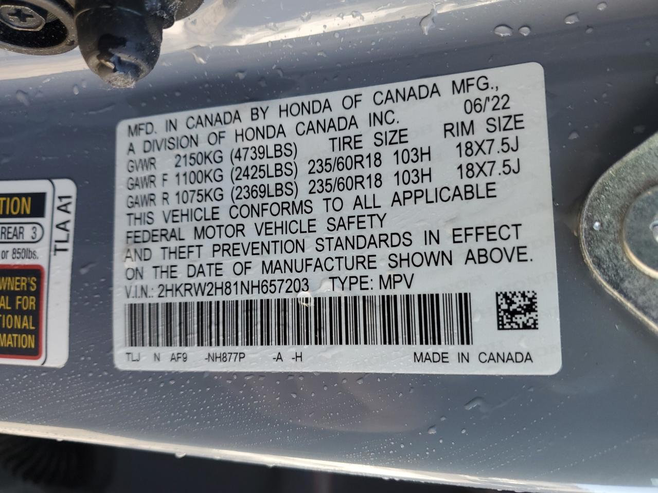 2022 HONDA CR-V EXL VIN:2HKRW2H81NH657203