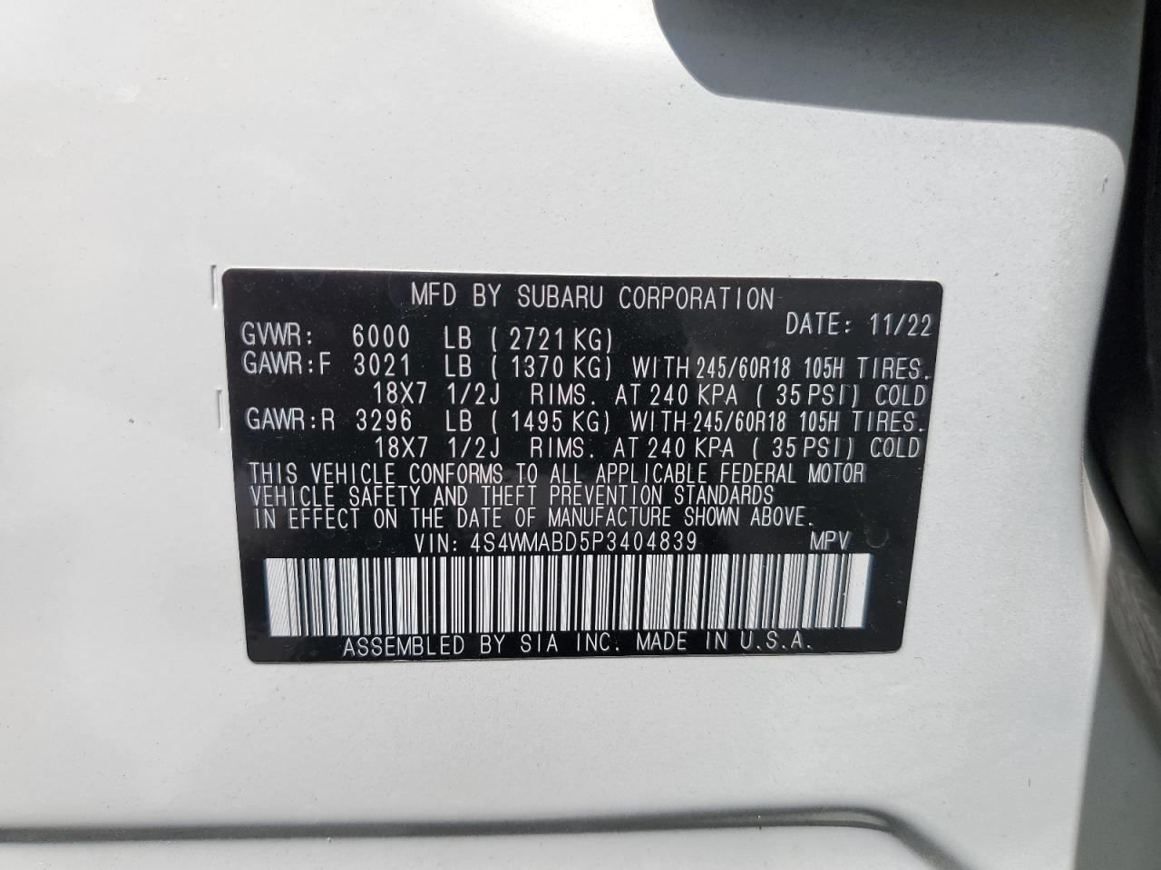 2023 SUBARU ASCENT PREMIUM VIN:4S4WMABD5P3404839