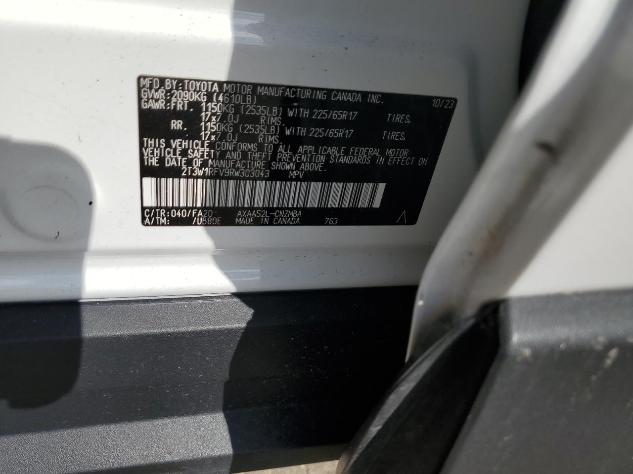 2024 TOYOTA RAV4 XLE VIN:2T3W1RFV9RW303043