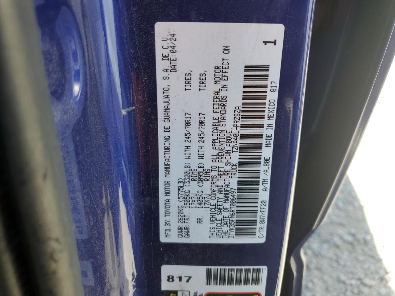 2024 TOYOTA TACOMA DOUBLE CAB VIN:3TYKB5FN6RT006497