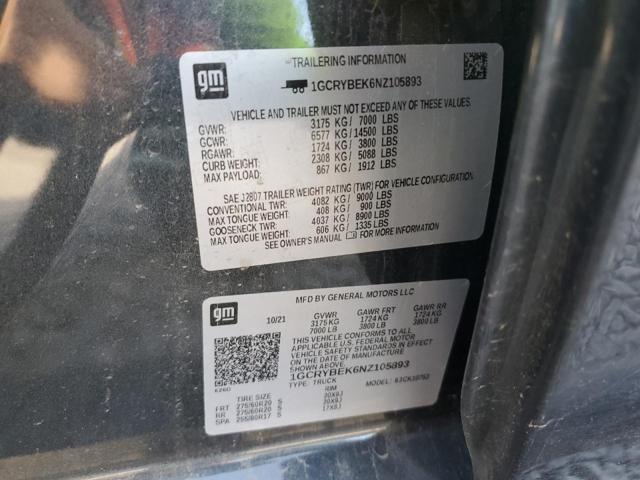 2022 CHEVROLET SILVERADO LTD K1500 CUSTOM VIN:1GCRYBEK6NZ105893