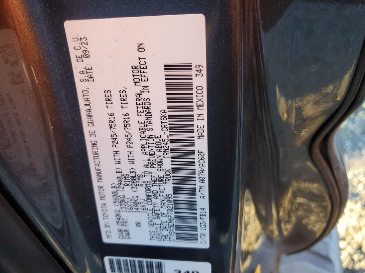 2023 TOYOTA TACOMA ACCESS CAB VIN:3TYSX5EN6PT021095