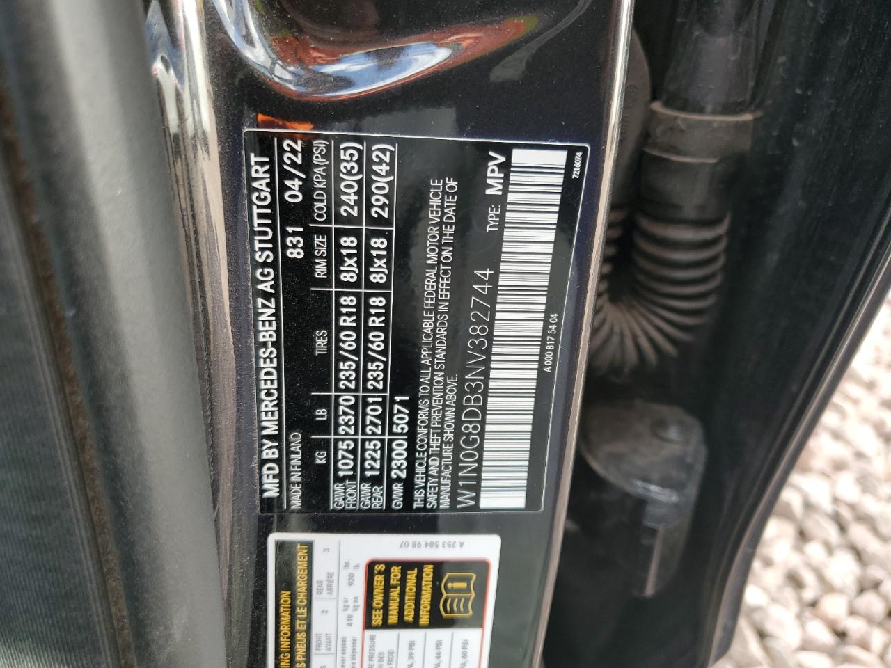 2022 MERCEDES-BENZ GLC 300 VIN:W1N0G8DB3NV382744