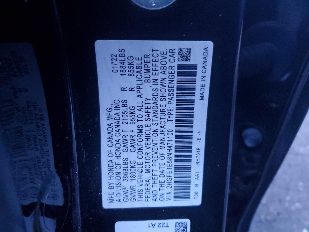 2022 HONDA CIVIC SI VIN:KM8JU3AC9DU677660