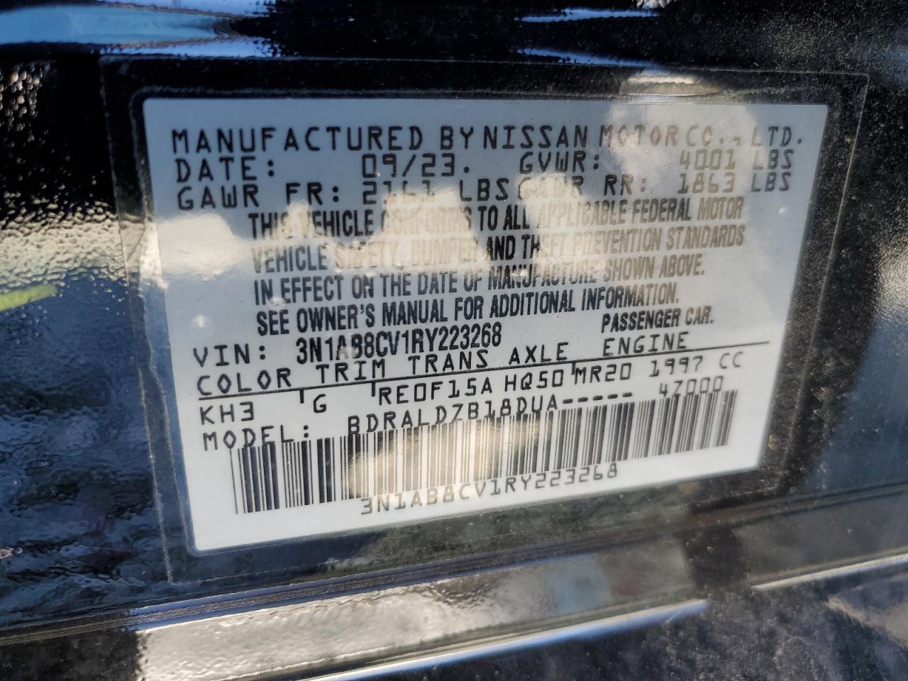 2024 NISSAN SENTRA SV VIN:3N1AB8CV1RY223268