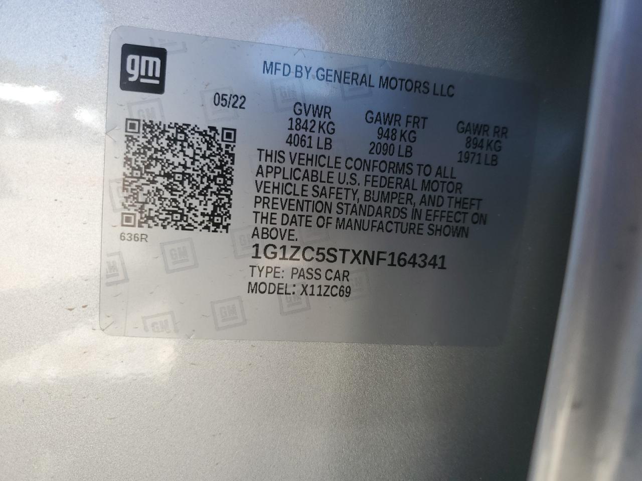 2022 CHEVROLET MALIBU LS VIN:1G1ZC5STXNF164341