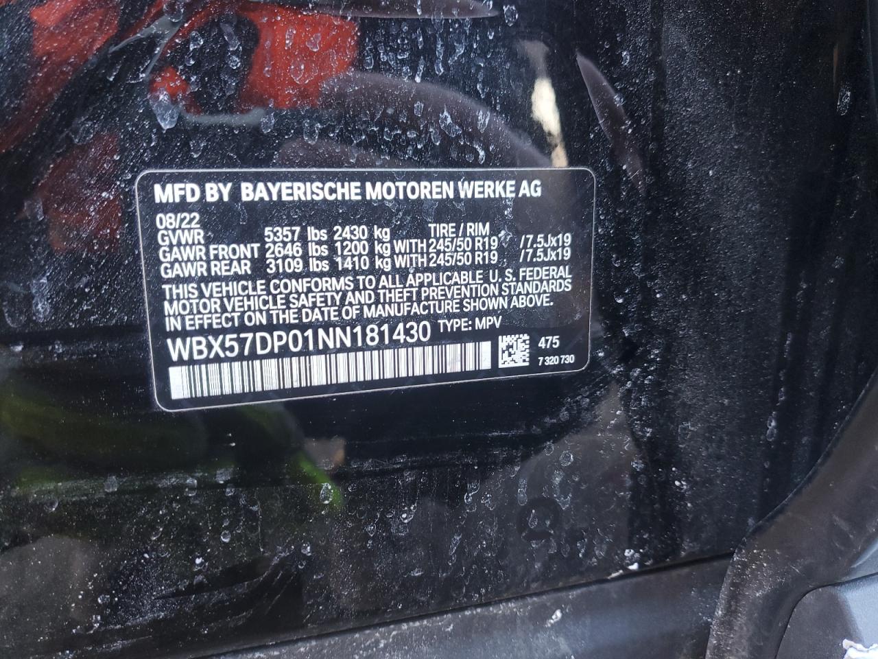 2022 BMW X3 XDRIVE30I VIN:WBX57DP01NN181430