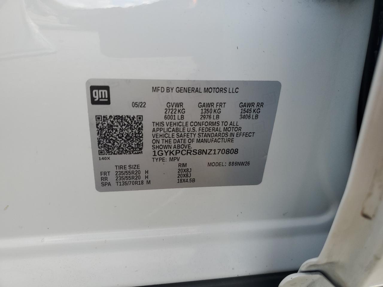 2022 CADILLAC XT6 PREMIUM LUXURY VIN:1GYKPCRS8NZ170808