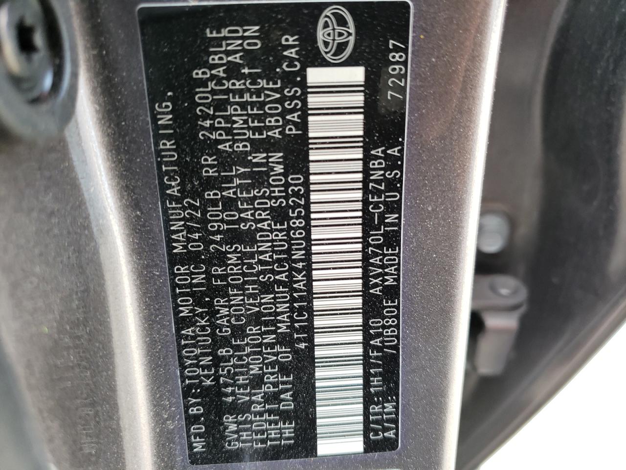 2022 TOYOTA CAMRY LE VIN:4T1C11AK4NU685230