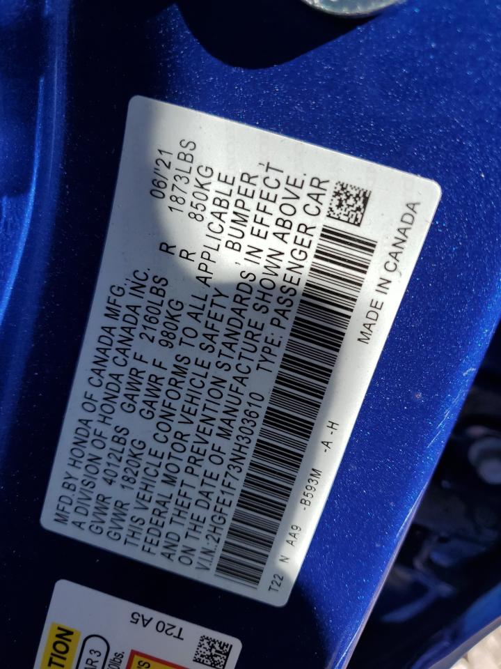 2022 HONDA CIVIC EX VIN:2HGFE1F73NH303610